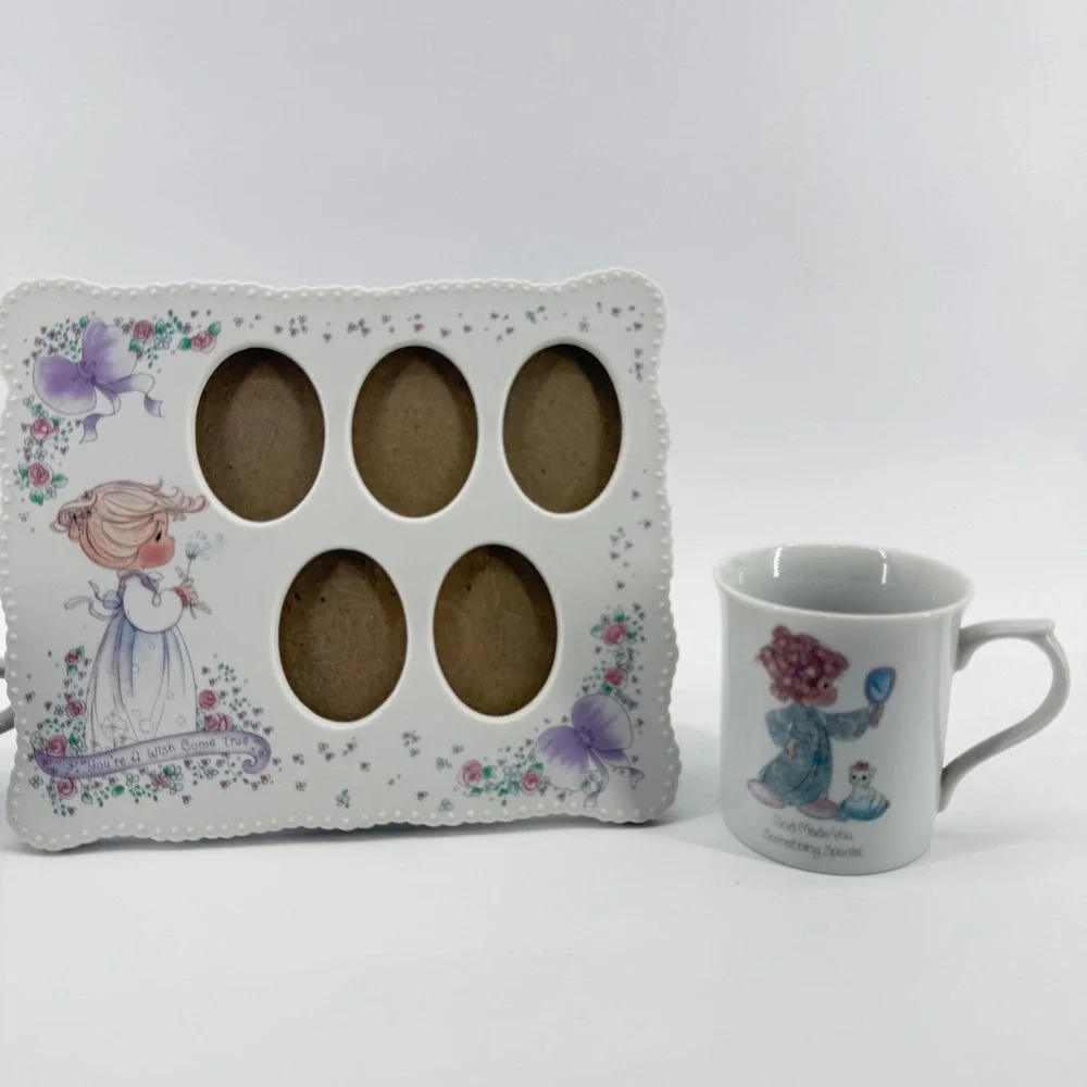 Precious Moments Frame and Mugs Set Unisex OS White Pastel Vintage 90s Ceramic